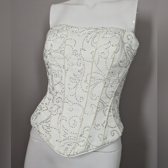 Bonny White Beaded Corset Top Size 2 Strapless Bustier Boned Zip & Lace Up - Picture 1 of 9